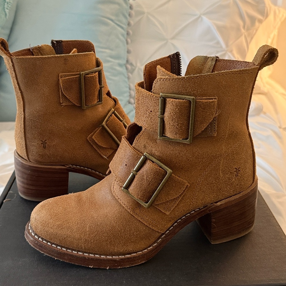 Frye Brown Suede Ankle Boots with Double Buckles